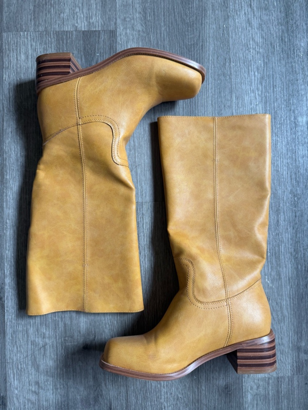 Women's Tall Tan Leather Boots with Stacked Heel